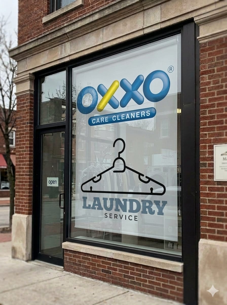 OXXO Care Cleaners storefront blinds